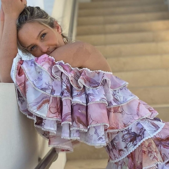 NWT IXIAH Boho Off Shoulder Tiered Ruffle Crop Top Watercolor Floral Cami Size 4 - Picture 1 of 15